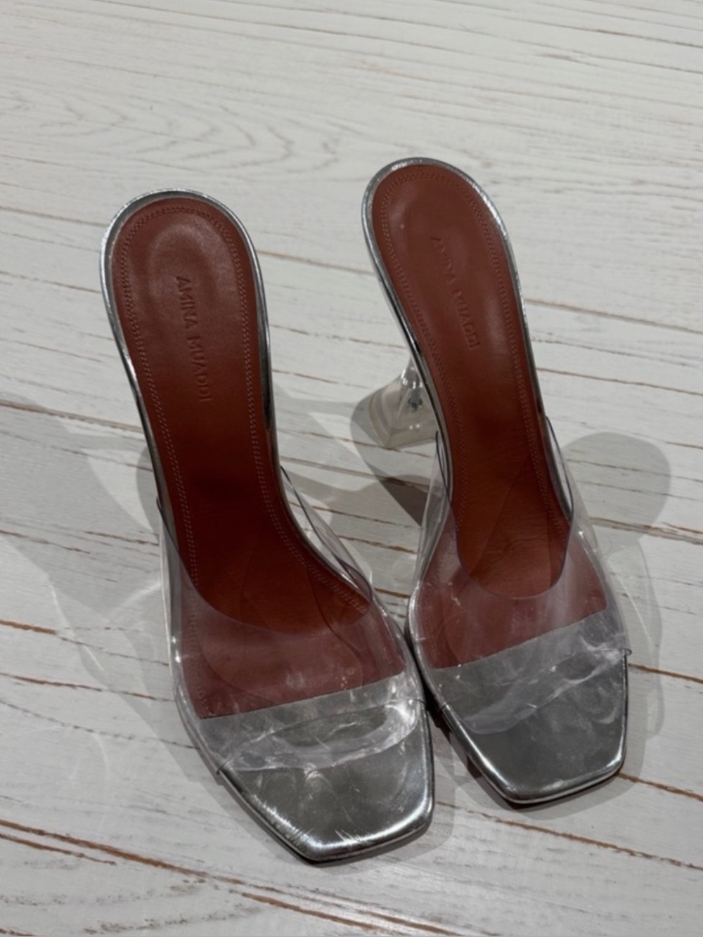 Amina Muaddi Clear PVC Mule with Silver Trim